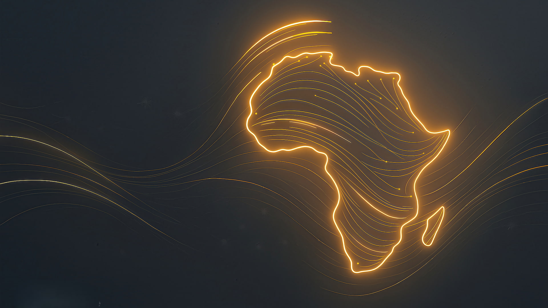 Glowing outline of Africa with flowing gold lines representing digital transformation across the continent